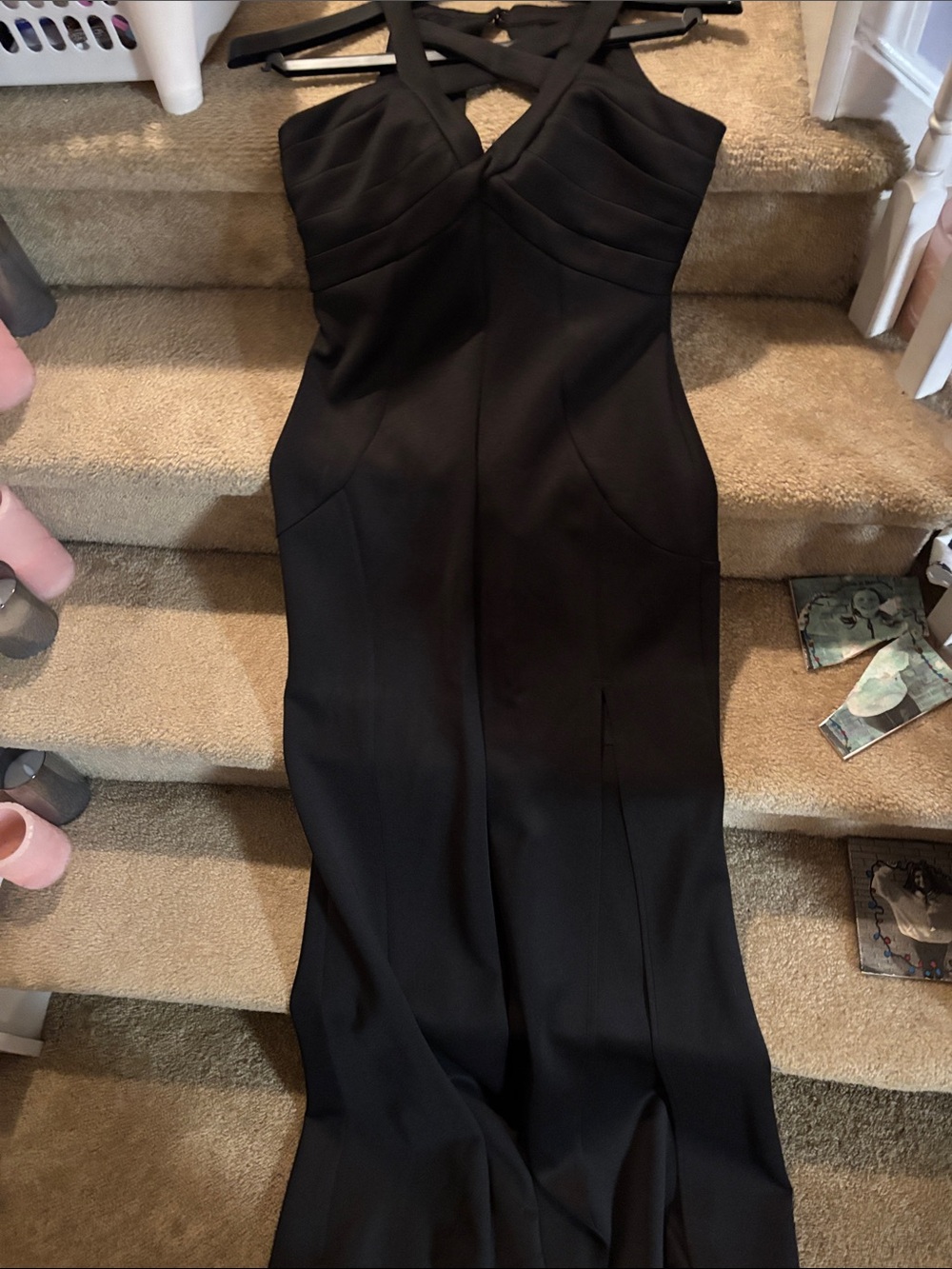 Elegant Black Women's Cross-Back Evening Dress.  Small ruffle/train in back.